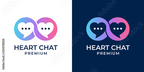 Love chat logo design vector. Love dating logo with bubble chat icon illustration. Couple of heart with speech bubble logo design illustration.