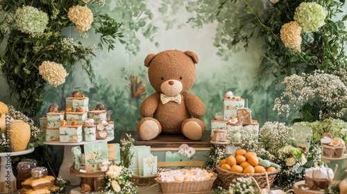 Rustic teddy bear themed baby shower dessert table with floral arrangements.