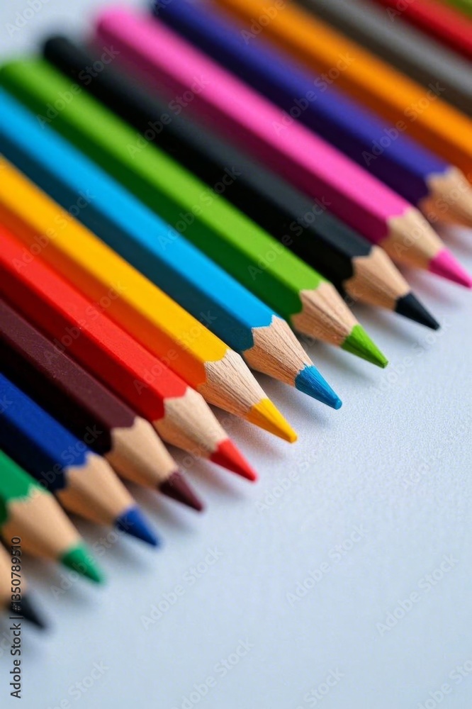 a close up of a row of colored pencils on a white surface a close up of a row of colored pencils on a white surface