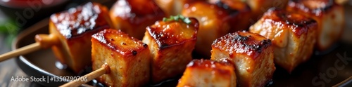 Close-up of juicy smoked bbq pork cubes on skewers, food photography, meal, delicious, pork