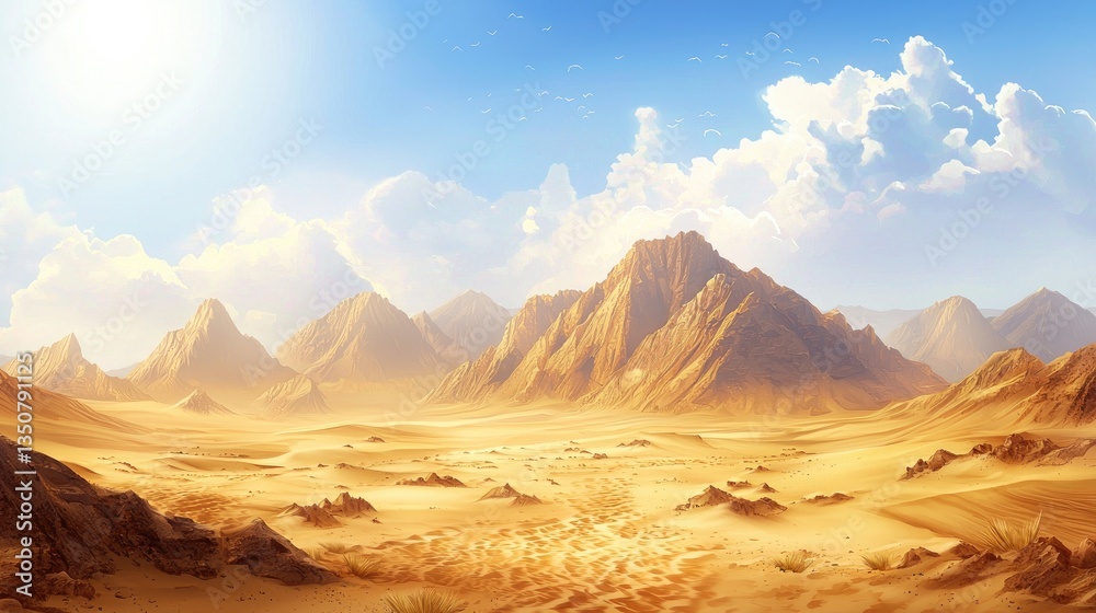 Naklejka premium realistic Golden desert, sunshine, mountains