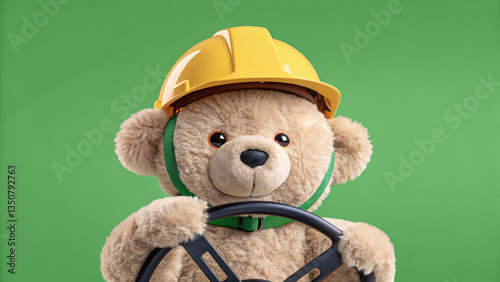Cute Teddy Bear with Safety Hat Holding Steering Wheel