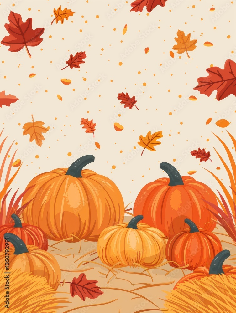 Naklejka premium Drawing of pumpkins and leaves on a fall day