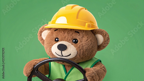 Cute Teddy Bear in Safety Hat with Steering Wheel on Green Background - Children Safety Day