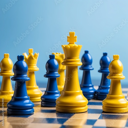Yellow and Blue Chess Pieces on a Board