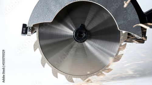 Circular saw blade rotating and throwing sawdust on white background