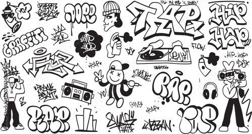 Street culture drawing lettering, graffiti, tags with spray effect street style set