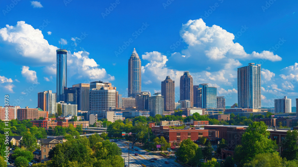 Obraz premium A busy downtown street lined with tall buildings and green trees in Atlanta, Georgia.