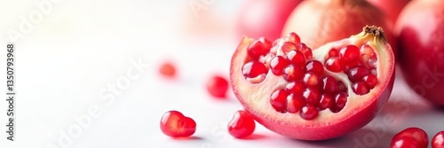 Close-up of cracked ripe pomegranate on white background, organic, healthy, antioxidant