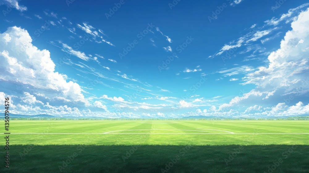 Fototapeta premium Sunny day at a green field with blue sky and white clouds.