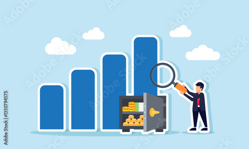 A businessman examines a chart with a money vault and gold using a magnifying glass, illustration of evaluation and analysis related to business asset value