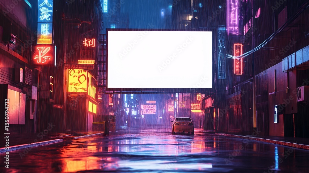 Neon Cityscape Billboard Display Car Reflections Wet Street Futuristic Urban Evening Vibe Neon Cityscape Billboard Display Car Reflections Wet Street Futuristic Urban Evening Vibe