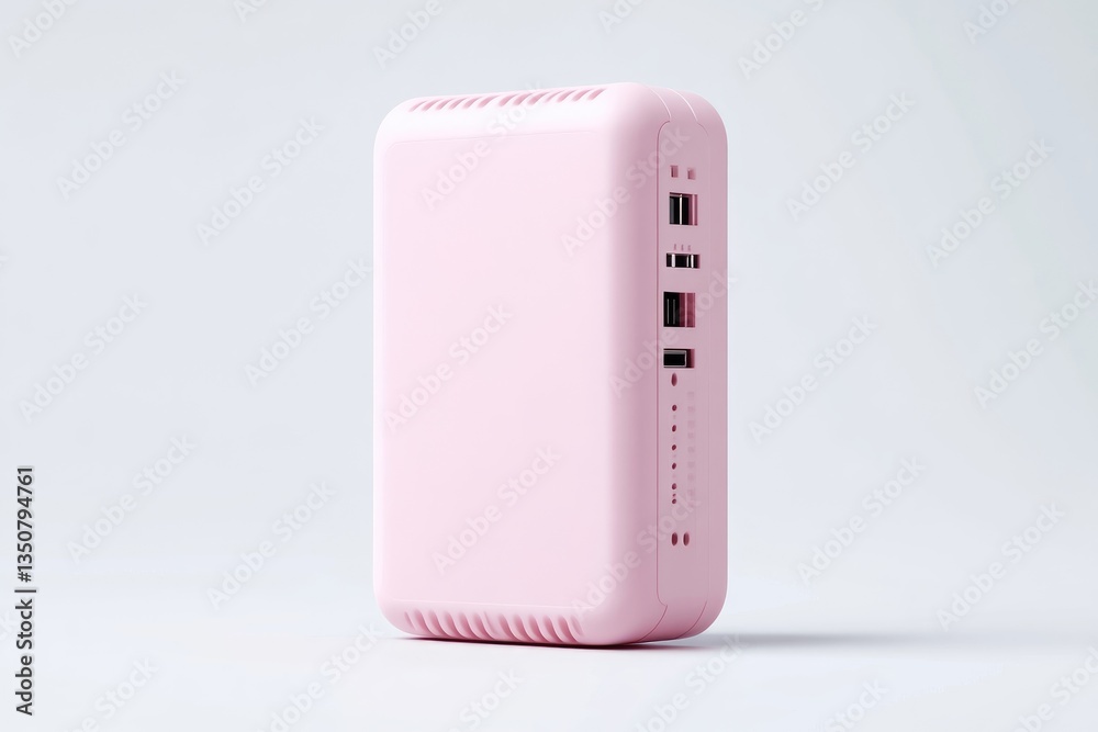 Pink portable device, likely a power bank or external hard drive. Features ventilation slots and multiple ports Pink portable device, likely a power bank or external hard drive. Features ventilation slots and multiple ports