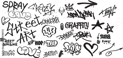 Street culture drawing lettering, graffiti, tags with spray effect street style set