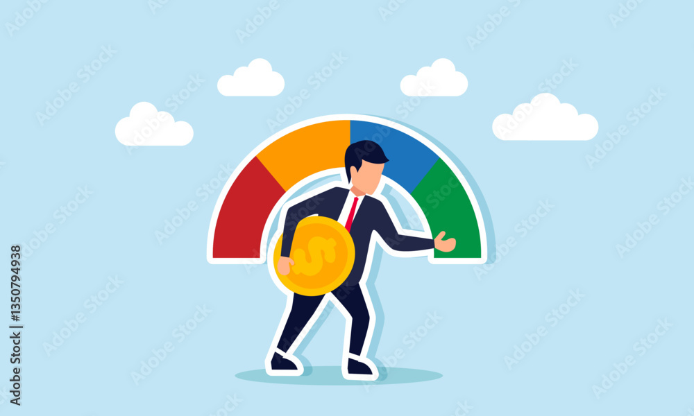 A businessman carries a dollar coin and points at the green indicator on a speedometer, illustration of financial stability in a company in good condition A businessman carries a dollar coin and points at the green indicator on a speedometer, illustration of financial stability in a company in good condition