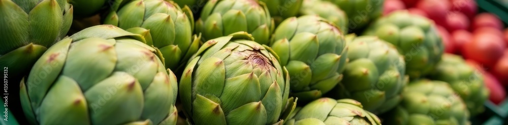 Close-up of fresh artichokes on display at farmer's market, market, nutrition, food