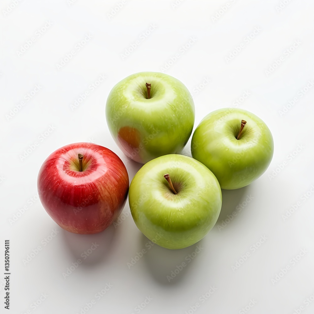One Red Apple and Three Green Apples on White Background One Red Apple and Three Green Apples on White Background