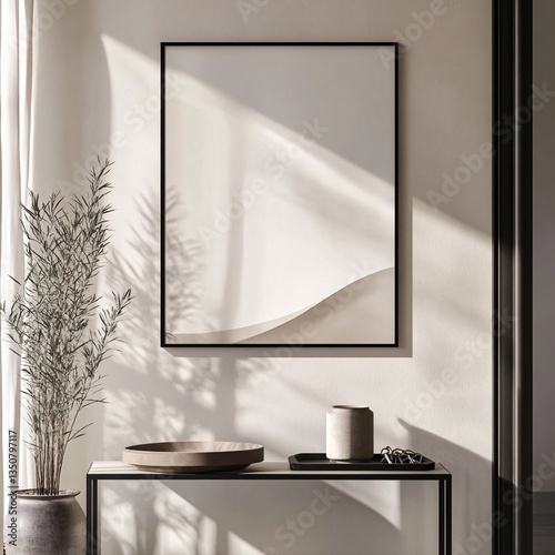 Abstract Minimalist Sandscape Frame on Wall with Console Table and Plant in Modern Interior Scene