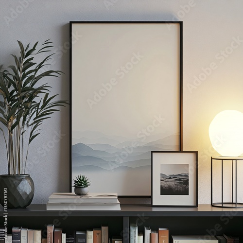 Framed Monochrome Landscape Art on Shelf with Modern Lamp and Plant Composition Minimalist Style