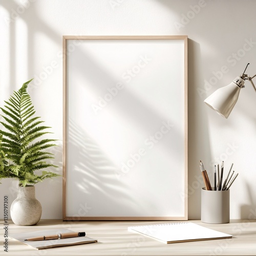 Minimalist Workspace with Picture Frame Plant and Lamp on Desk Surface for Mockup Presentation