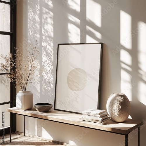 Serene Interior Still Life Displaying Minimalist Art Print Vase and Books on Wooden Console Table