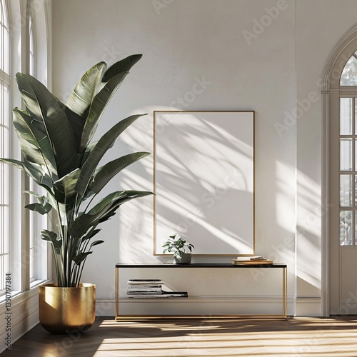 Interior Design Elegance Large Plant and Empty Frame with Console Table for Decorative Purposes