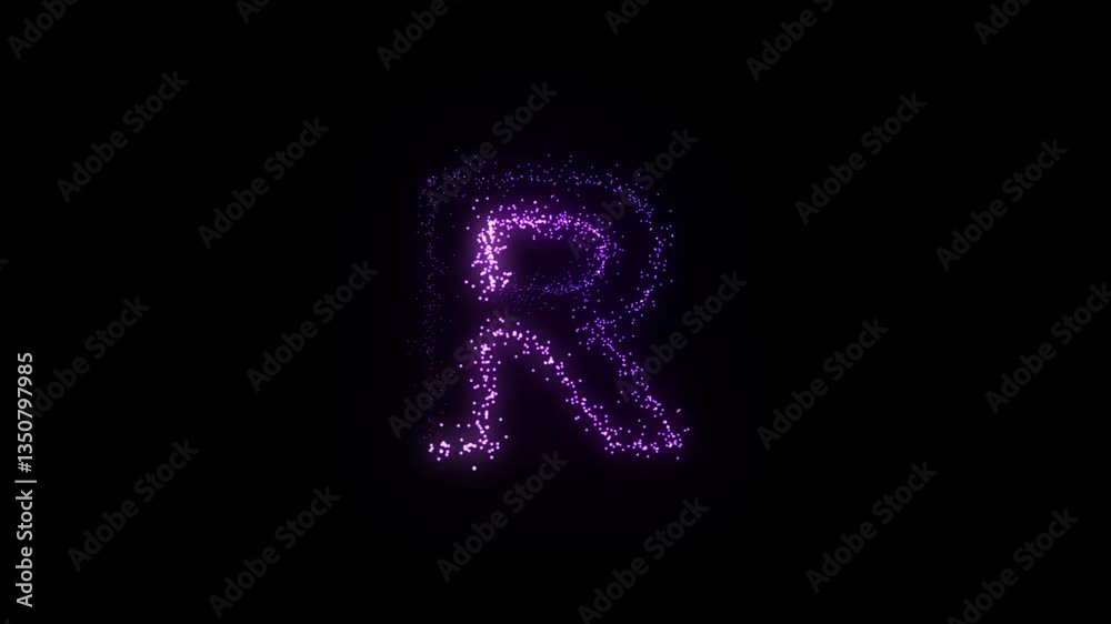Glowing particle text animation forming the letter R in a seamless loop Glowing particle text animation forming the letter R in a seamless loop