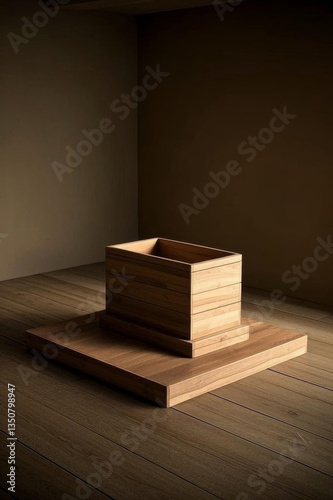 there is a wooden box on a wooden platform in a room