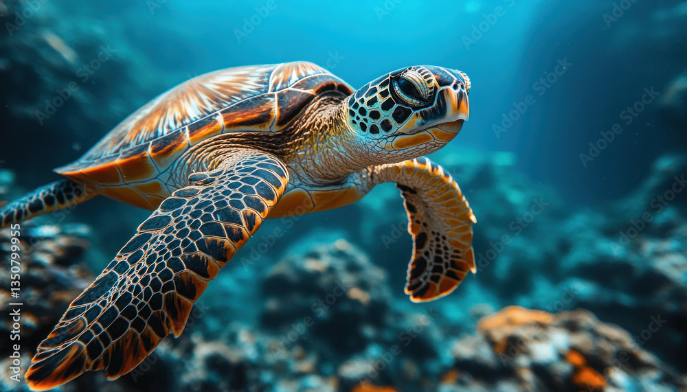 Fototapeta premium An underwater scene featuring a sea turtle swimming gracefully in the deep blue ocean, surrounded by colorful coral reefs and rocks.