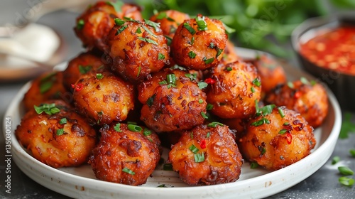 Haitian akra malanga fritters spicy sauce stacked in pyramid on white ceramic plate