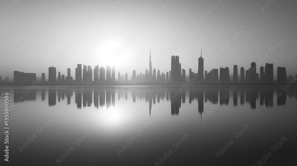 Fototapeta premium Dubai Skyline Sunrise Reflection Silhouette