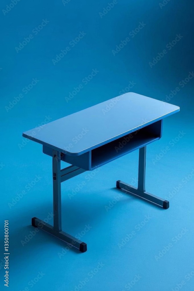 there is a blue desk with a black top on a blue background there is a blue desk with a black top on a blue background
