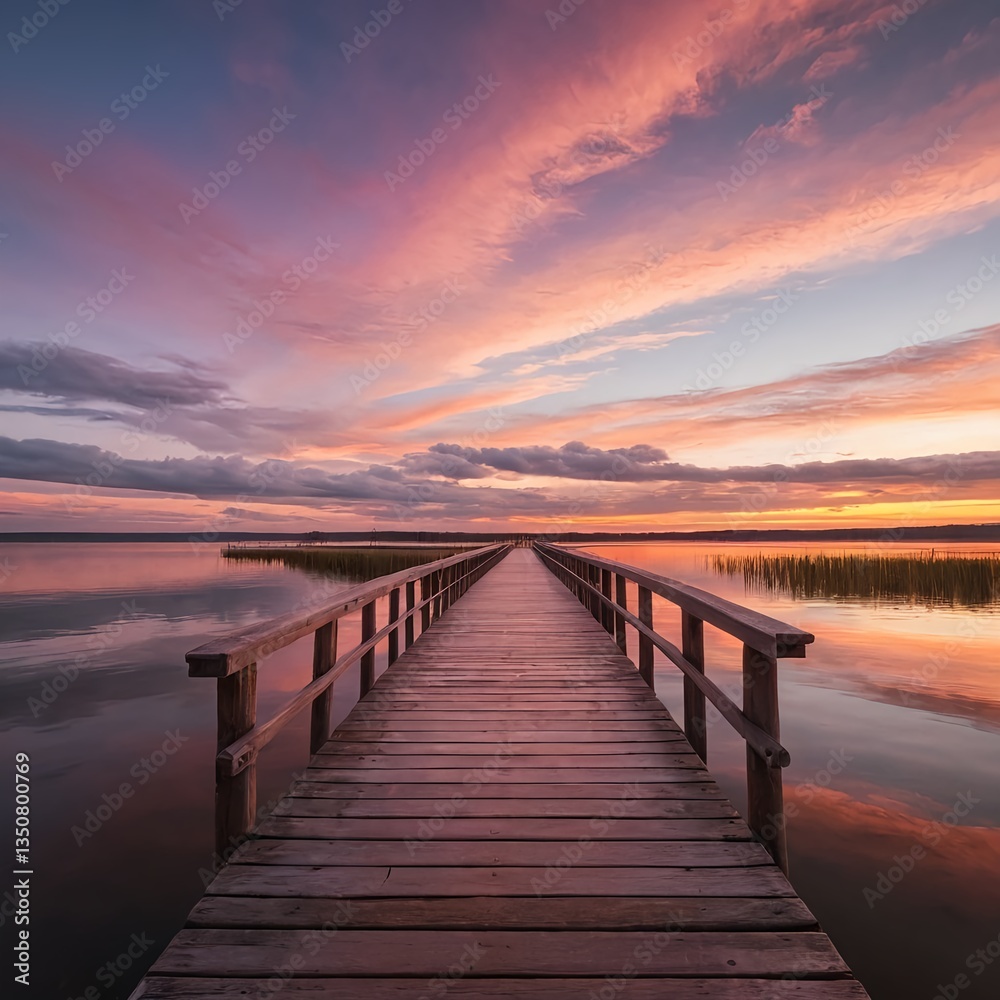 Serene Sunset over Calm Lake with Wooden Dock Serene Sunset over Calm Lake with Wooden Dock