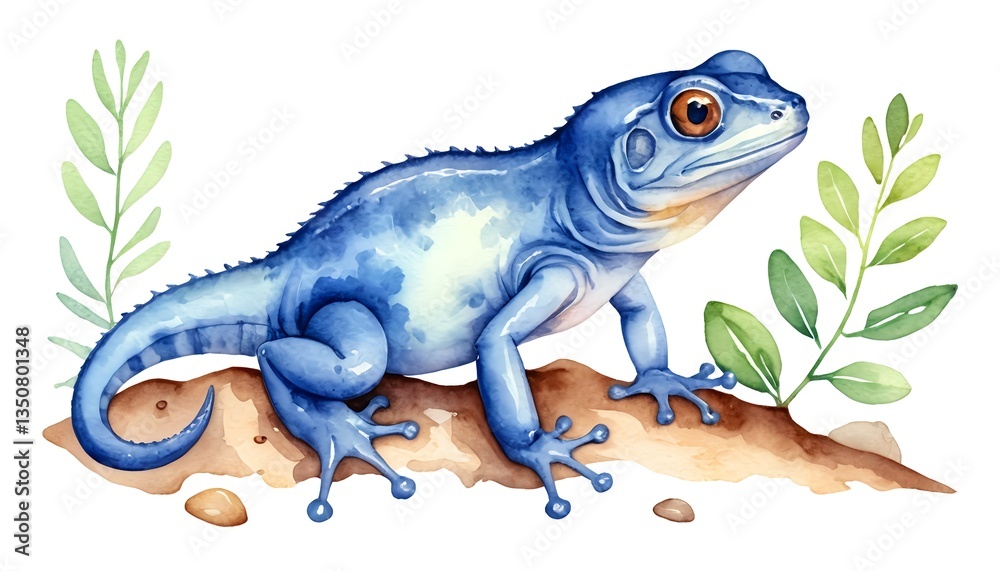 Fototapeta premium Blue Lizard on Rock with Greenery