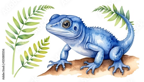 Blue Lizard Watercolor Illustration with Tropical Ferns