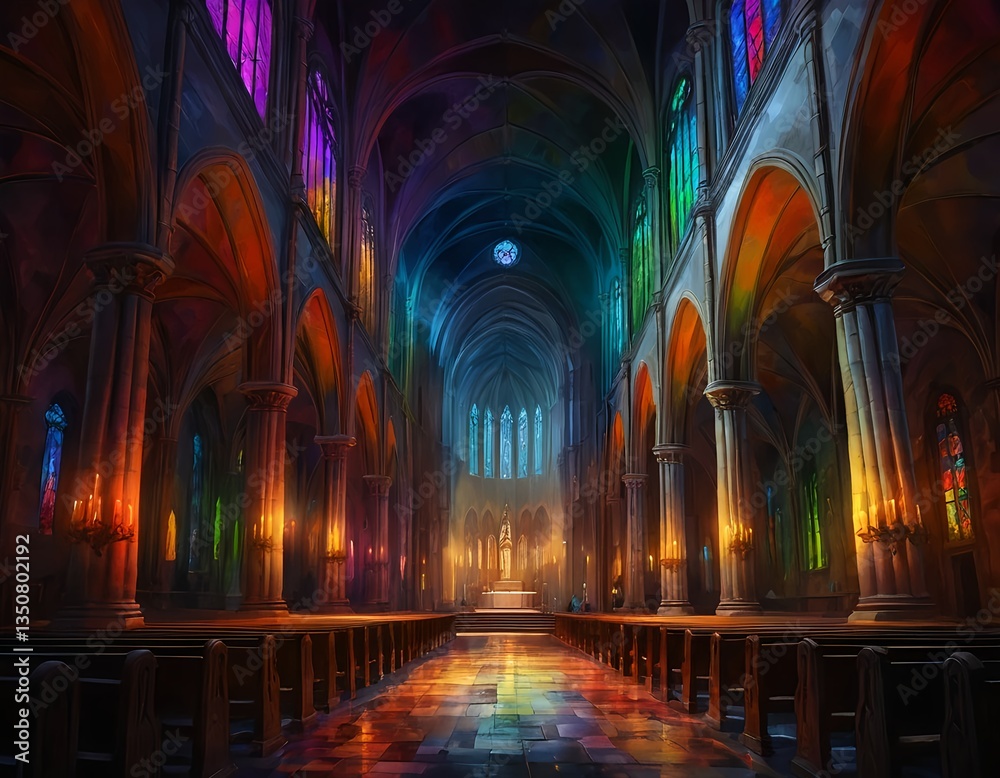 Fototapeta premium Majestic Cathedral Interior with Stained Glass and Candlelight