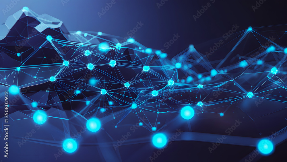 Obraz premium Digital technology tech blue connect dot network background in cyber landscape with abstract glowing blue grid data network, perfect for AI, blockchain, big data, and cybersecurity themes.