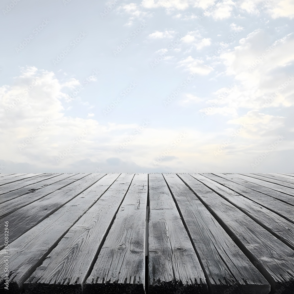 Rustic Wooden Deck Sky Background, Calm Cloudy Scene Rustic Wooden Deck Sky Background, Calm Cloudy Scene