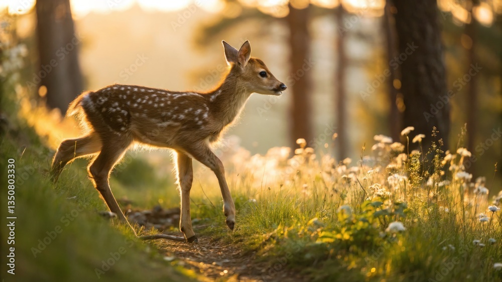 Fawn walking through wildflowers at sunset in a forest nature photography peaceful atmosphere warm lighting wildlife exploration Fawn walking through wildflowers at sunset in a forest nature photography peaceful atmosphere warm lighting wildlife exploration