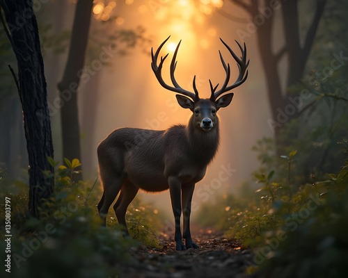 A male deer with large, branched antlers stands in the middle of a forest shrouded in morning mist