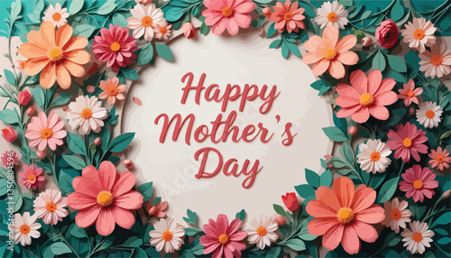 Abstract Festive Background with Flowers and a Round Frame. Happy Mother's Day. Paper cut Floral Greeting Card. Vector