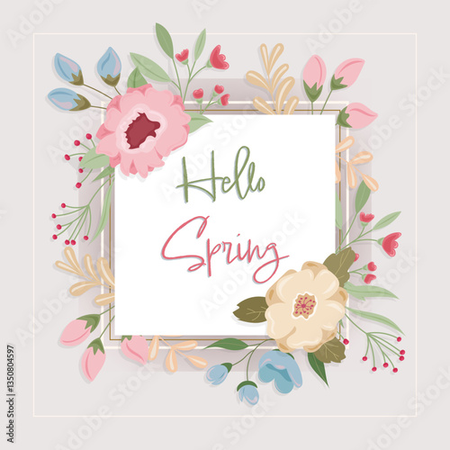 Elegant floral vector frame with pastel flowers and green leaves. The central white space is ideal for text. Perfect for wedding invitations, greeting cards and seasonal designs
