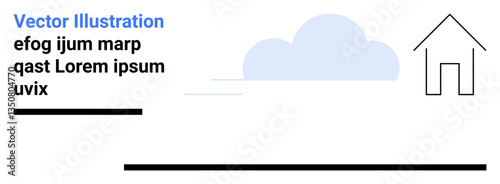 Abstract house outline beside a soft blue cloud, accented by bold horizontal lines and text placeholders. Ideal for real estate, architecture, clean design, simplicity, technology, branding, simple