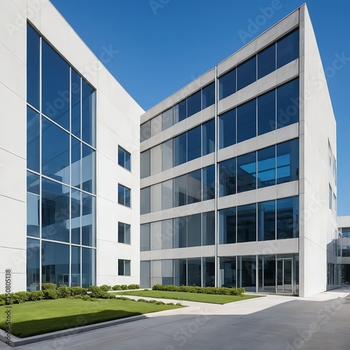 Modern Office Building Exterior with Green Landscaping