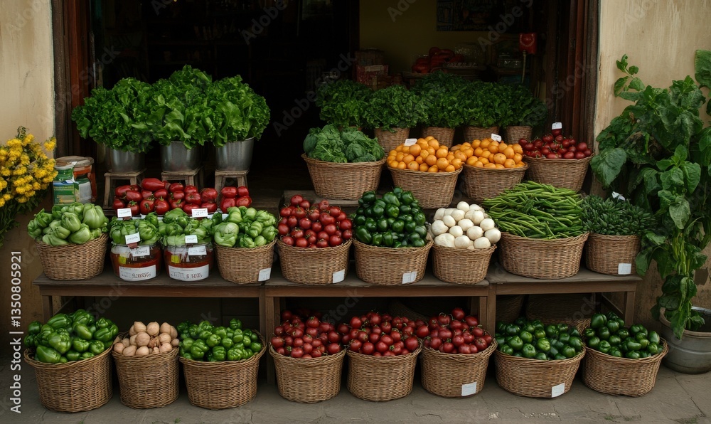 Fototapeta premium Fresh Organic Vegetables Displayed Outside Market with Colorful Baskets and Vibrant Produce Ready for Sale and Healthy Eating Choices
