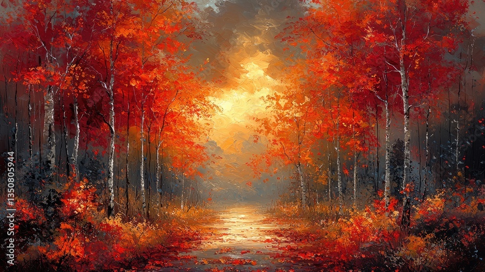 A vibrant autumn landscape with trees in fiery colors reflecting on a tranquil water surface. A vibrant autumn landscape with trees in fiery colors reflecting on a tranquil water surface.