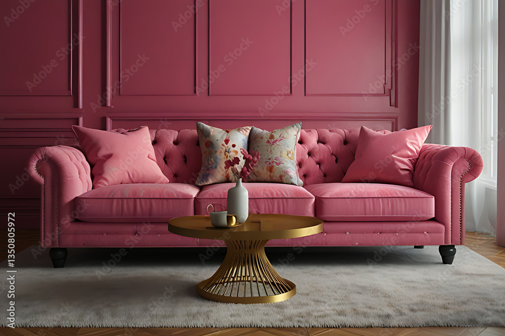 Naklejka premium A plush pink chesterfield sofa adorned with decorative pillows