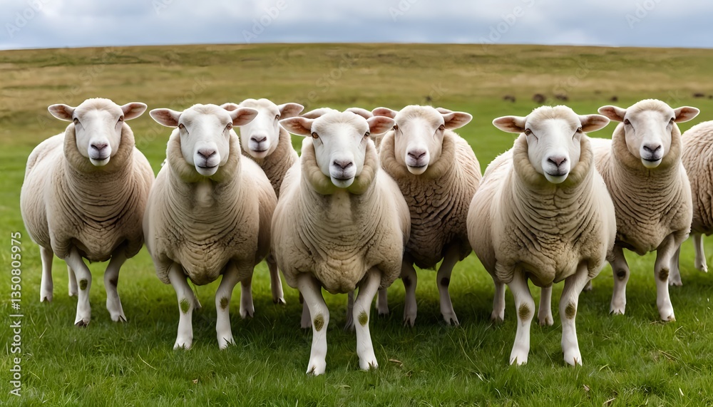Fototapeta premium Flock of Sheep in Green Pasture