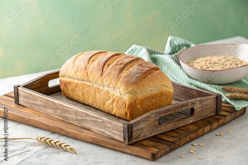 Freshly baked artisan bread on wooden tray