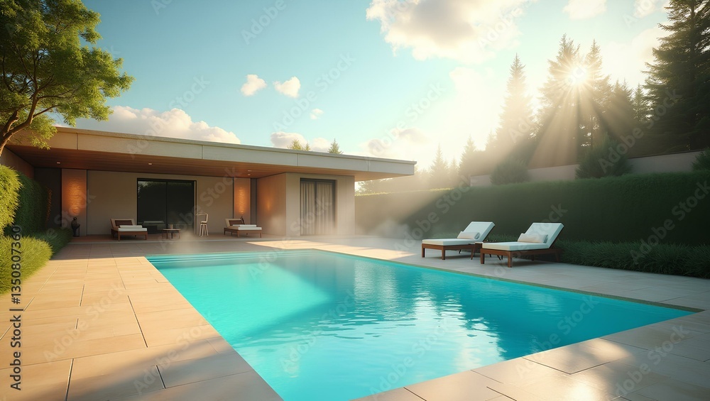 Fototapeta premium A modern home's pool area featuring lounge chairs, emphasizing a stylish and inviting outdoor relaxation environment